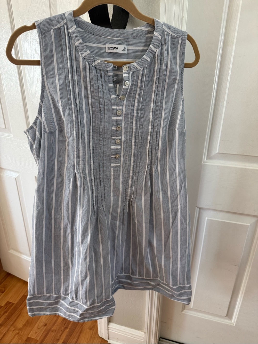 Sonoma Blue and White Striped Sleeveless Pintuck Mini Dress